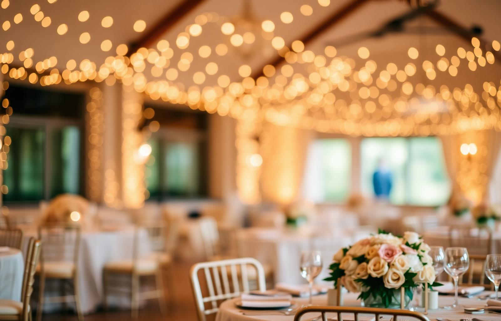 Salão de casamento decorado ao entardecer